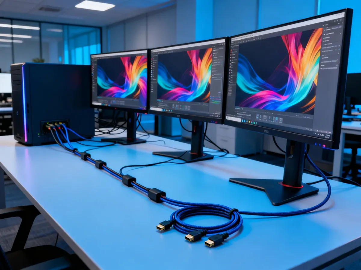 Trzy monitory połączone szeregowo za pomocą DisplayPort