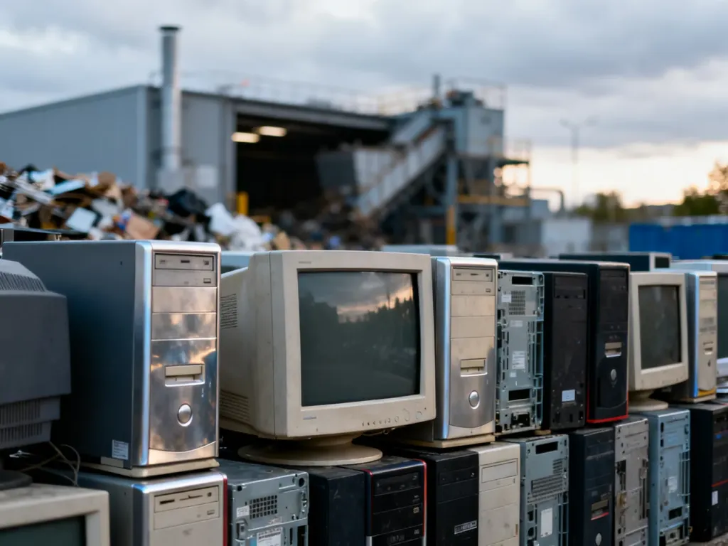 Sterta zużytych monitorów komputerowych przygotowanych do recyklingu w punkcie zbiórki elektroodpadów.