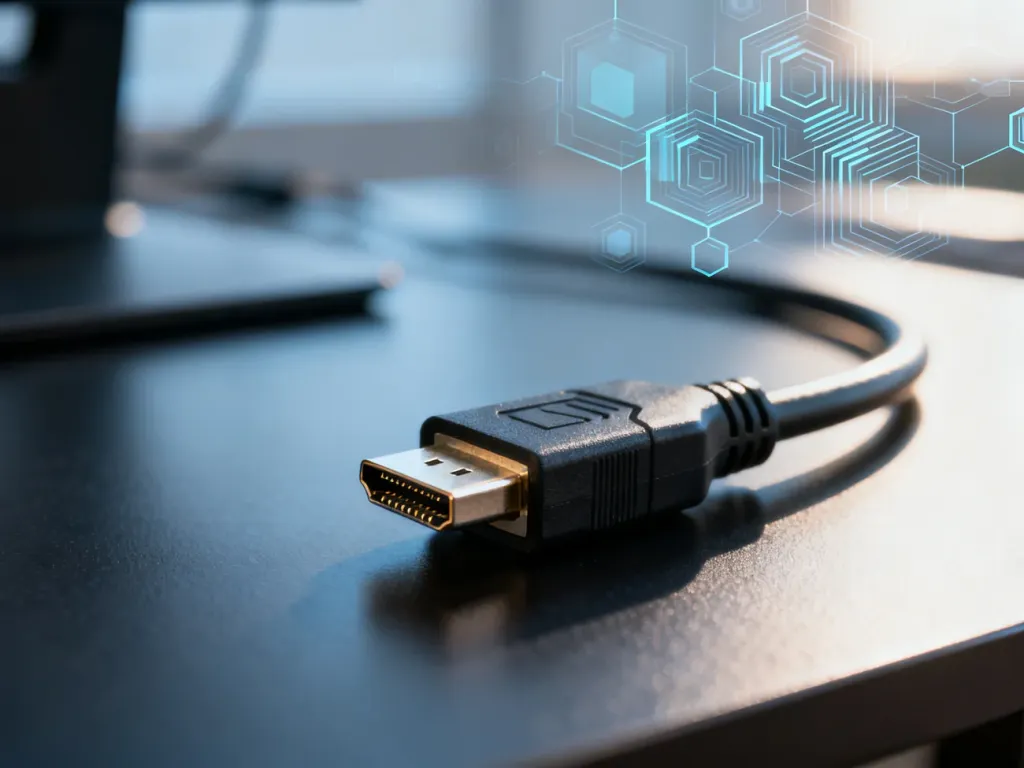 Zbliżenie na końcówkę kabla HDMI leżącą na ciemnym biurku, symbolizujące wysoką jakość przesyłu danych cyfrowych.