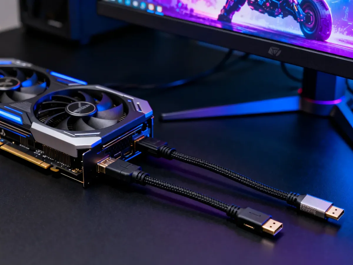 Komputer gamingowy z monitorem podłączonym przewodami DisplayPort i HDMI