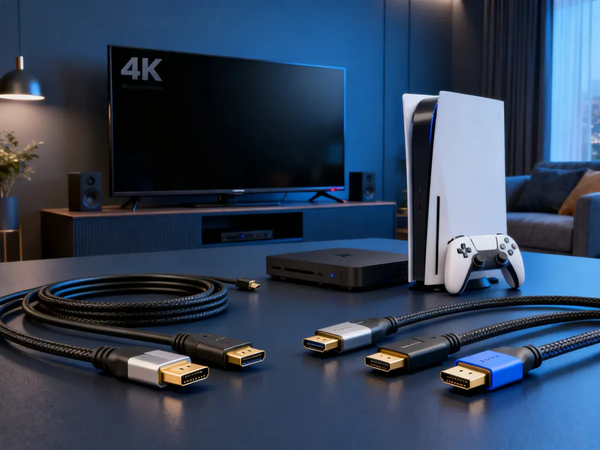 Telewizor 4K, konsola do gier i różne kable HDMI w domowym zestawie rozrywki