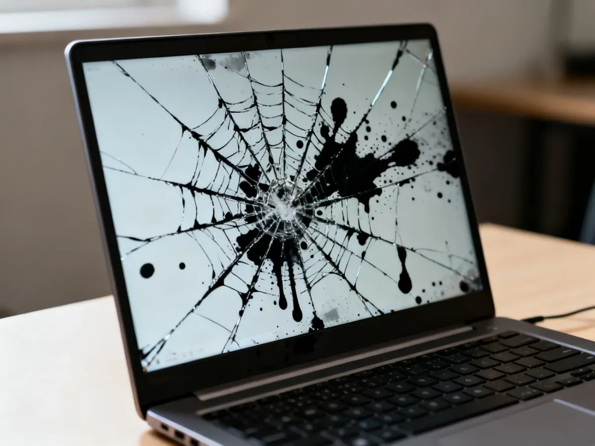 Pęknięta matryca laptopa z pajęczynkowymi pęknięciami i rozlanymi plamami